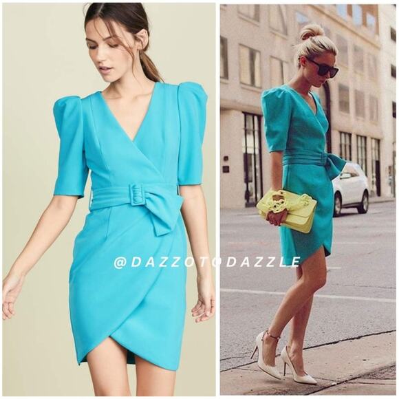 BLACK HALO -NWT- Turquoise Maricopa Puff Sleeve Belted Cocktail Dress | 2 - Picture 3 of 13
